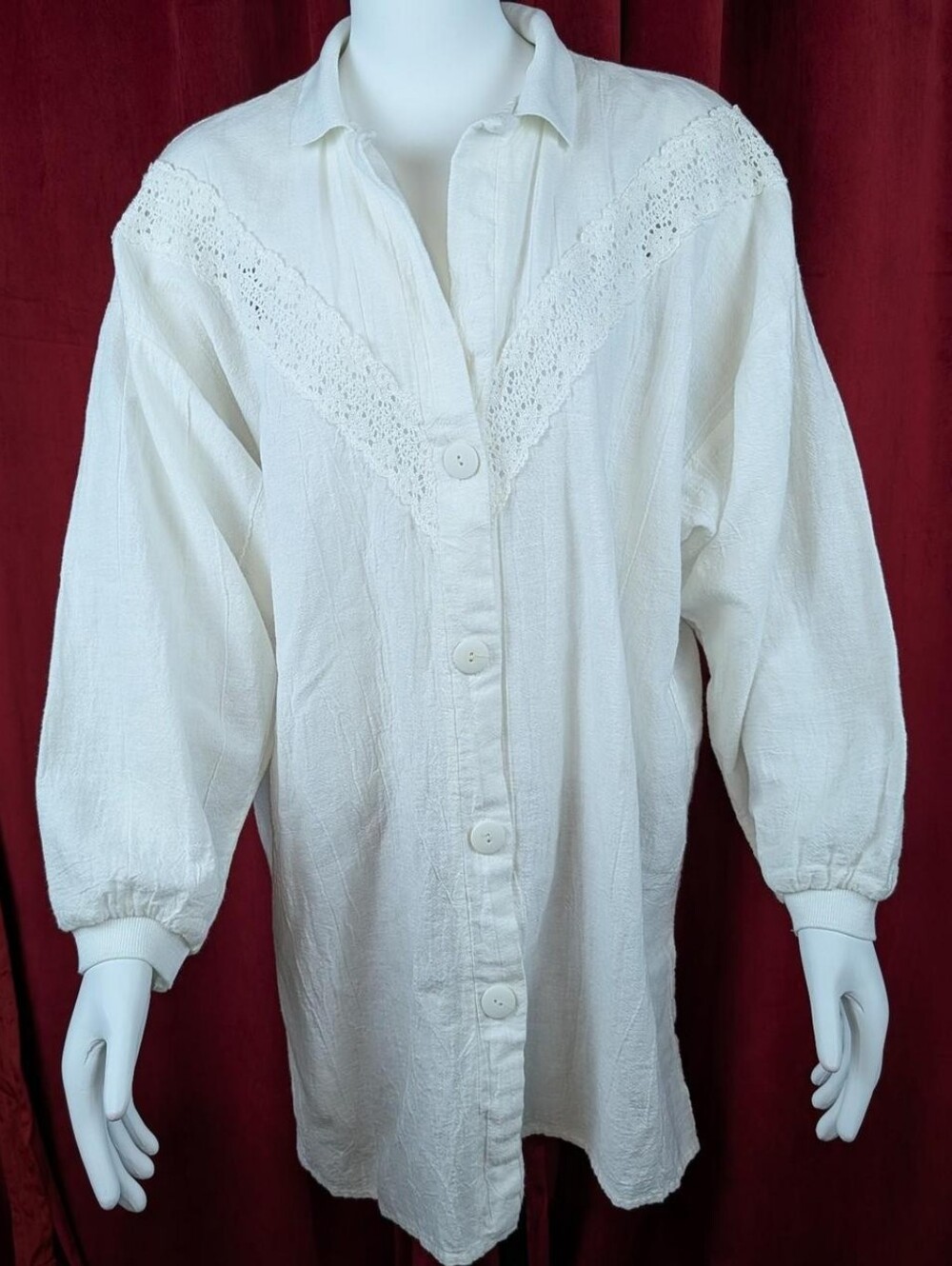 Vintage 80's Dotti White 100% Cotton Textured Crochet Lace Panel Oversized Top